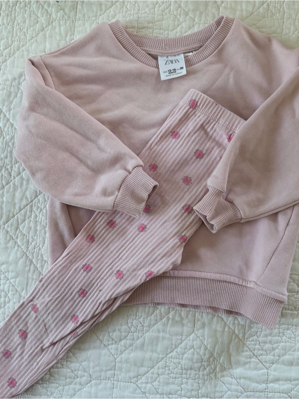 ZARA Light Pink Girls Sweatshirt & Floral Ribbed Leggings Set
